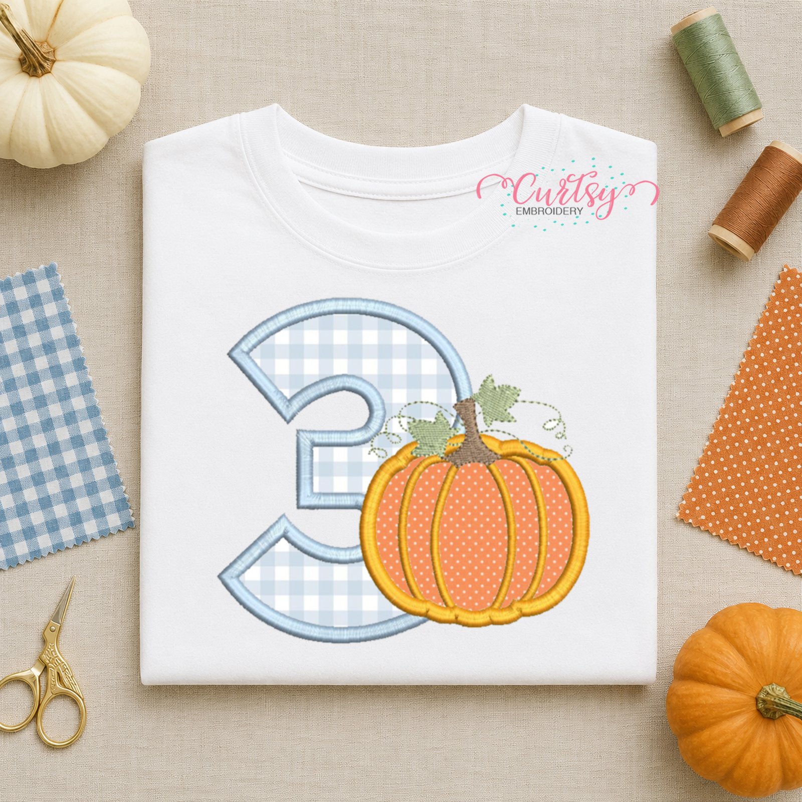 3rd Birthday Pumpkin Applique Design _ Etsy 2000 Light blue gingham number three applique paired with an orange polka-dot pumpkin, sage leaves and embroidered vines.
