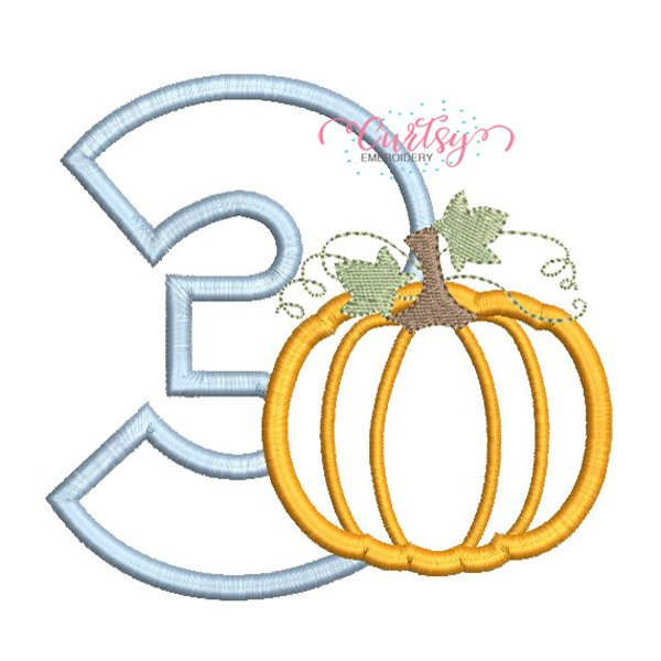 3rd-birthday-pumpkin-machine-applique-embroidery-design 3rd Birthday Pumpkin Applique Embroidery Design with a light blue gingham number three and orange pumpkin on a folded white shirt.
