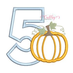 5th birthday pumpkin applique embroidery design featuring a number five and pumpkin.