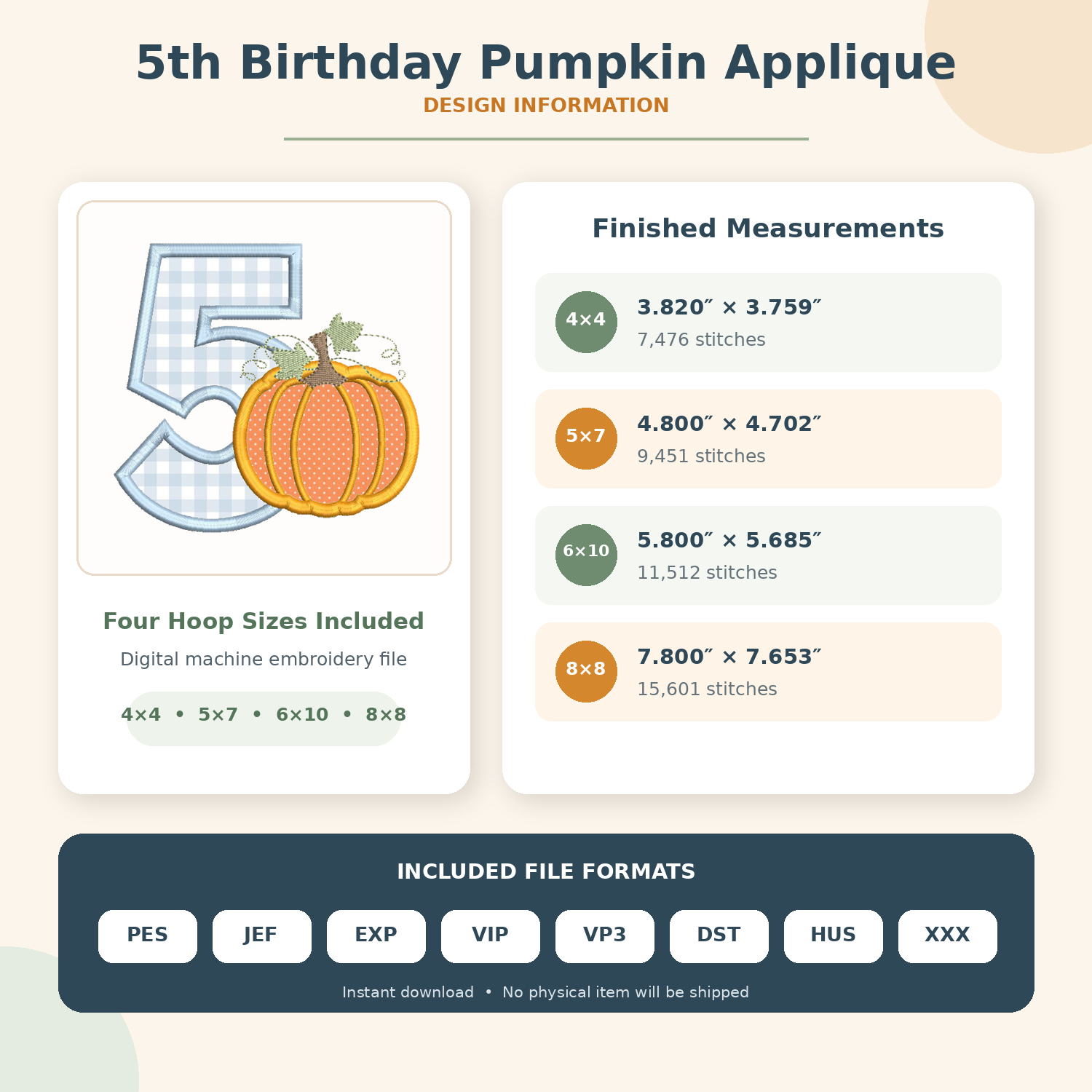 5th birthday pumpkin applique size chart with measurements, stitch counts and included file formats.