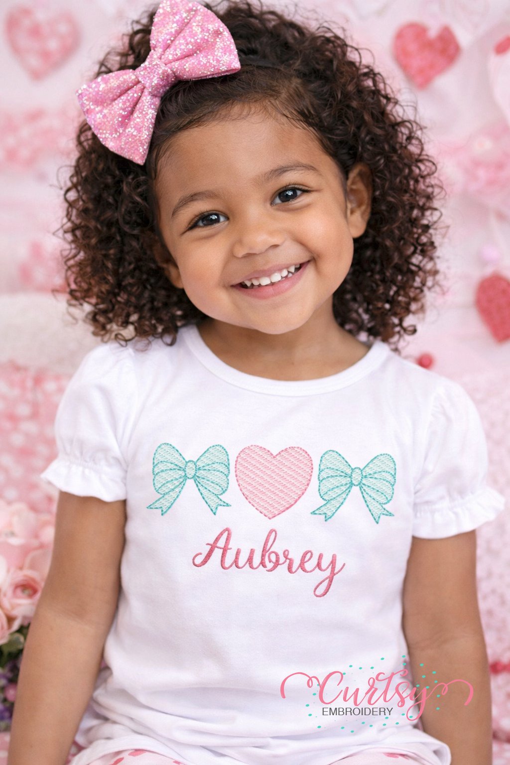 Bows and Heart Trio Quick Stitch Embroidery Lifestyle Image 1 with logo