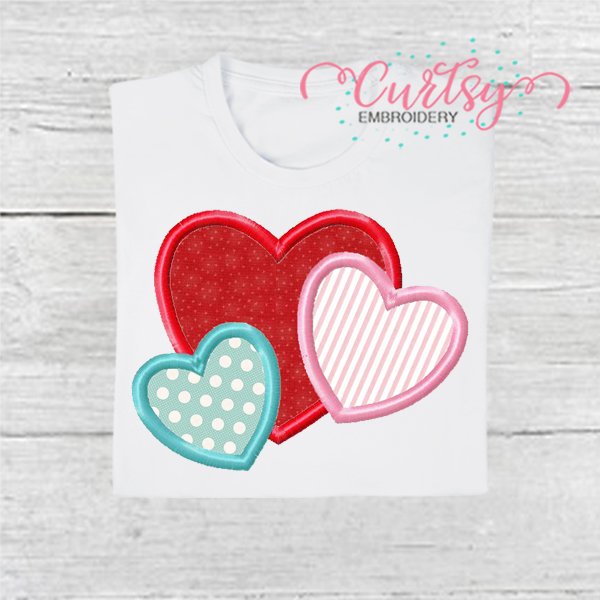 Heart Trio Valentine Applique Design 600