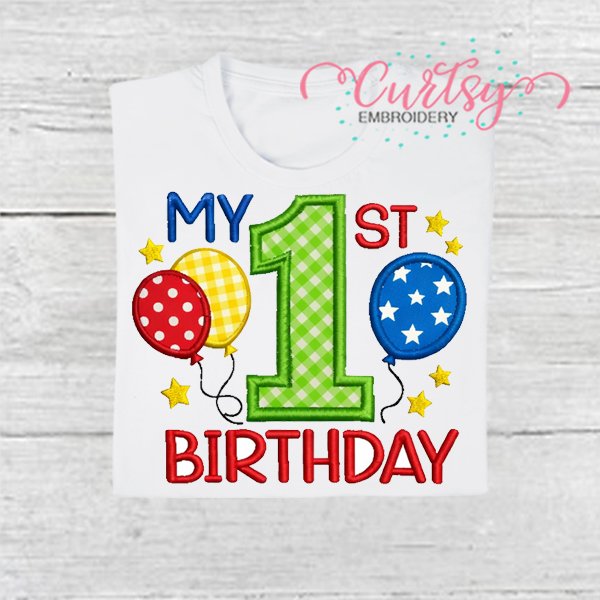 My First Birthday Balloons Stars Applique Design 600