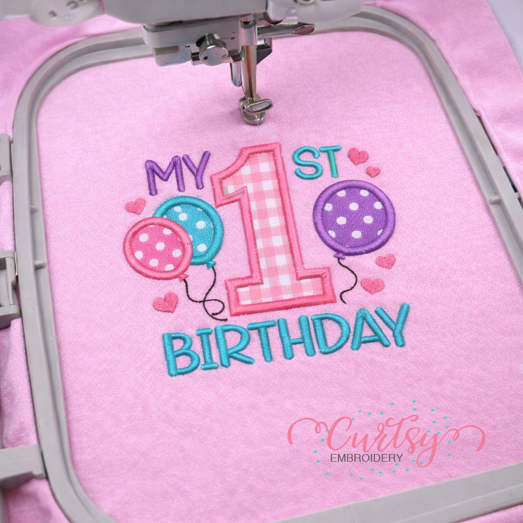 My First Birthday Balloons and Hearts Applique in hoop logo