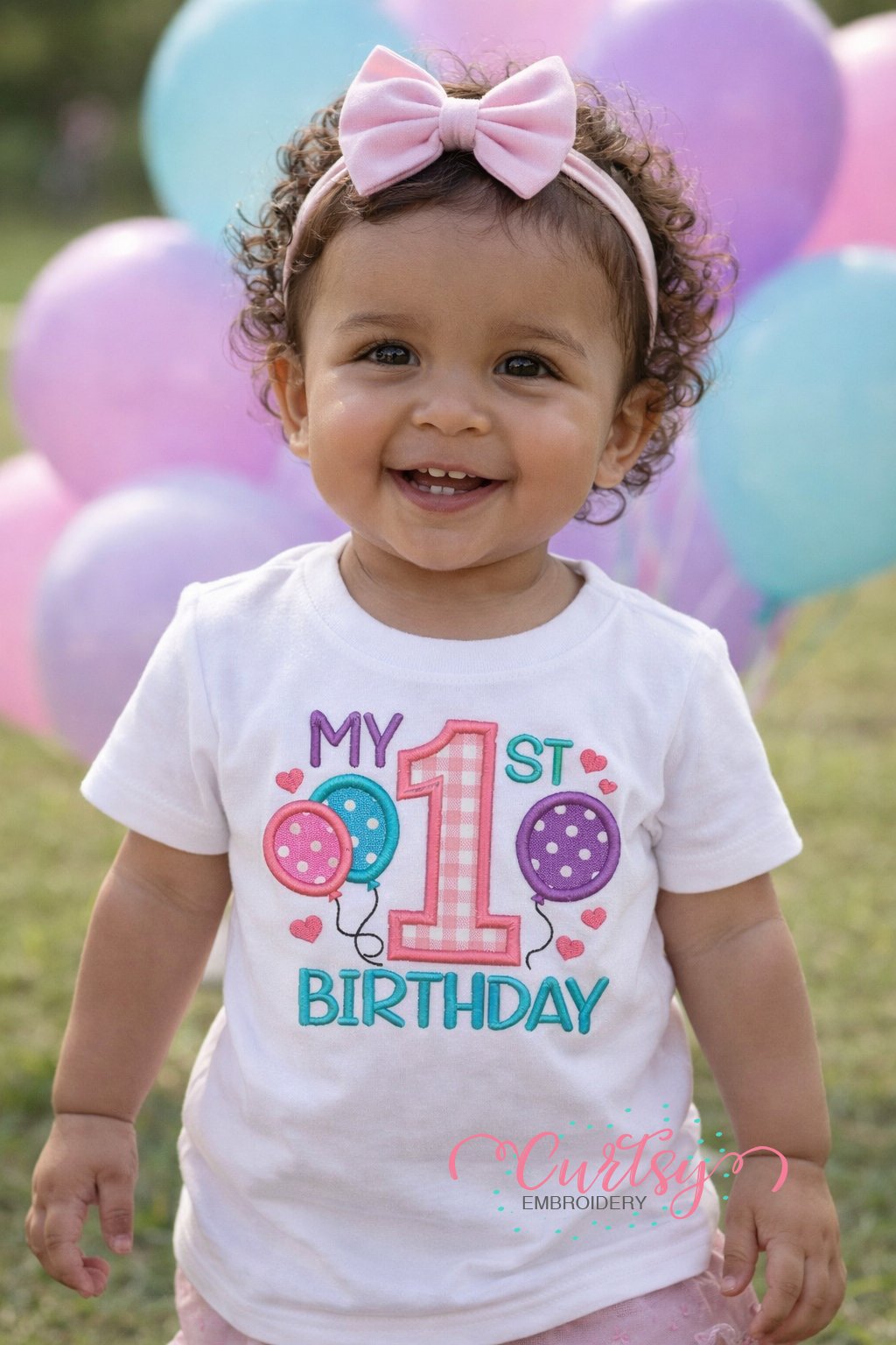 My First Birthday Balloons and Hearts Applique lifestyle pic logo