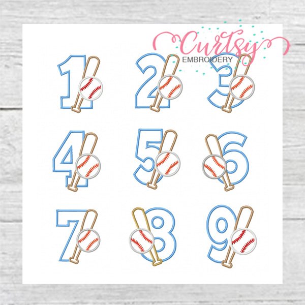 Baseball Bat and Ball All Numbers Applique Design 600