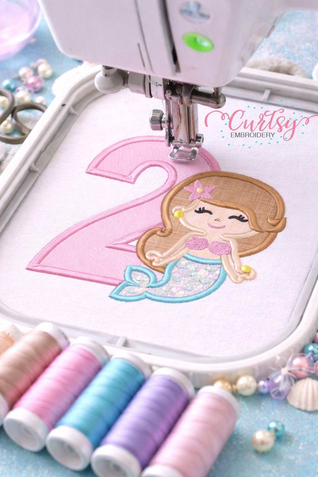 2nd Birthday Mermaid Applique Embroidery Design Logo 1
