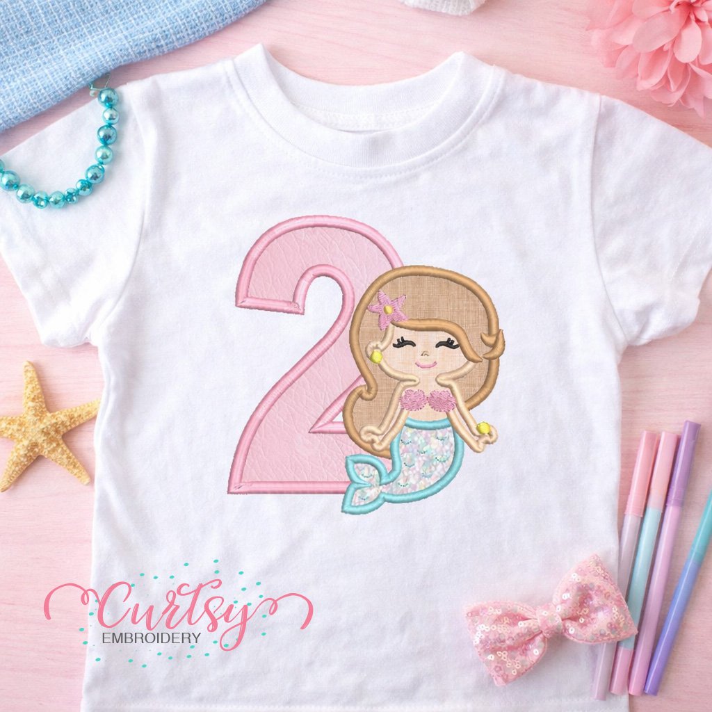 2nd Birthday Mermaid Applique Embroidery Design Logo 3