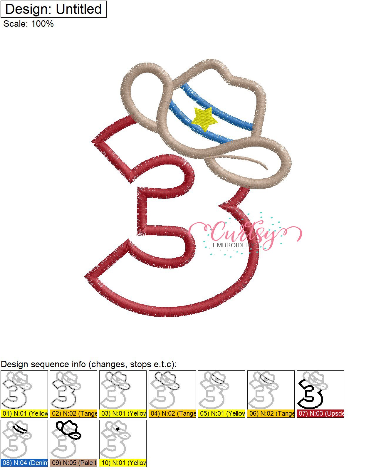 3 Cowboy Hat Applique Stitch Map