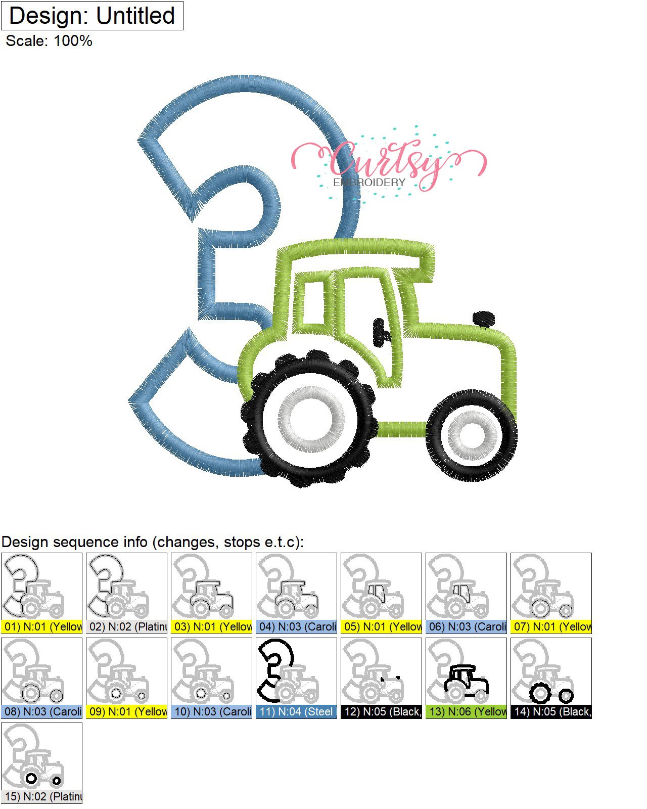 3 Tractor Applique Stitch Map