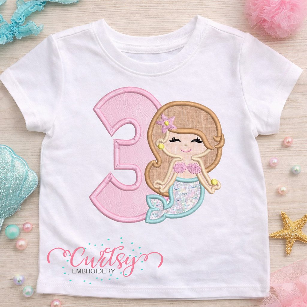 3rd Birthday Mermaid Embroidery Applique Design Logo 1