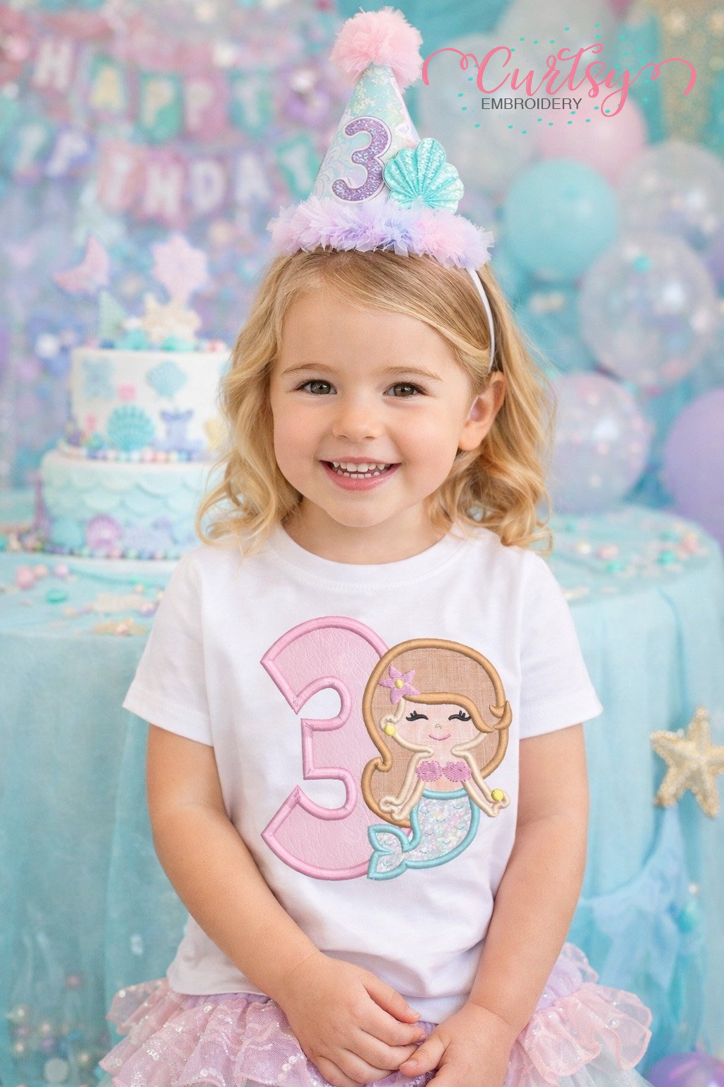 3rd Birthday Mermaid Embroidery Applique Design Logo 2