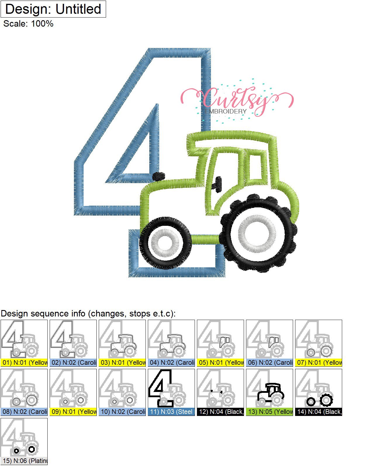 4 Tractor Applique Stitch Map