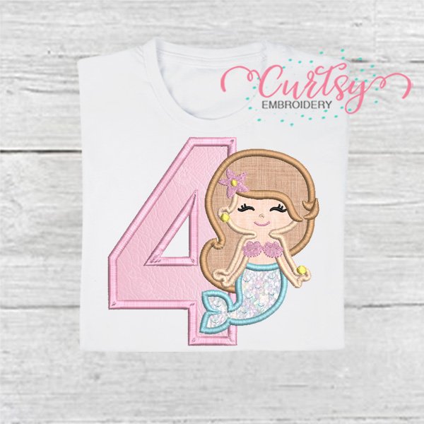4th Birthday Mermaid Applique Embroidery Design 600