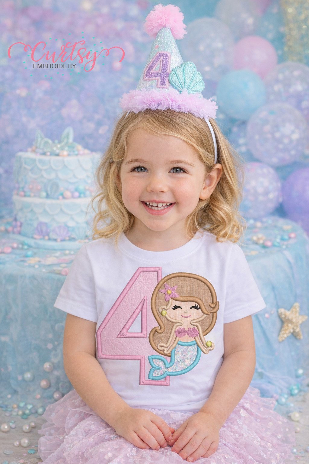 4th Birthday Mermaid Applique Embroidery Design Logo 1