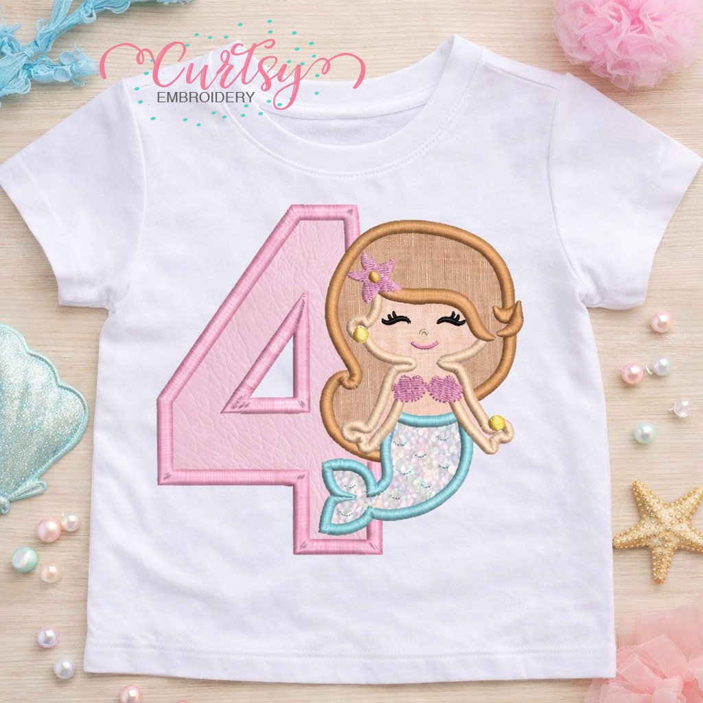 4th Birthday Mermaid Applique Embroidery Design Logo 2