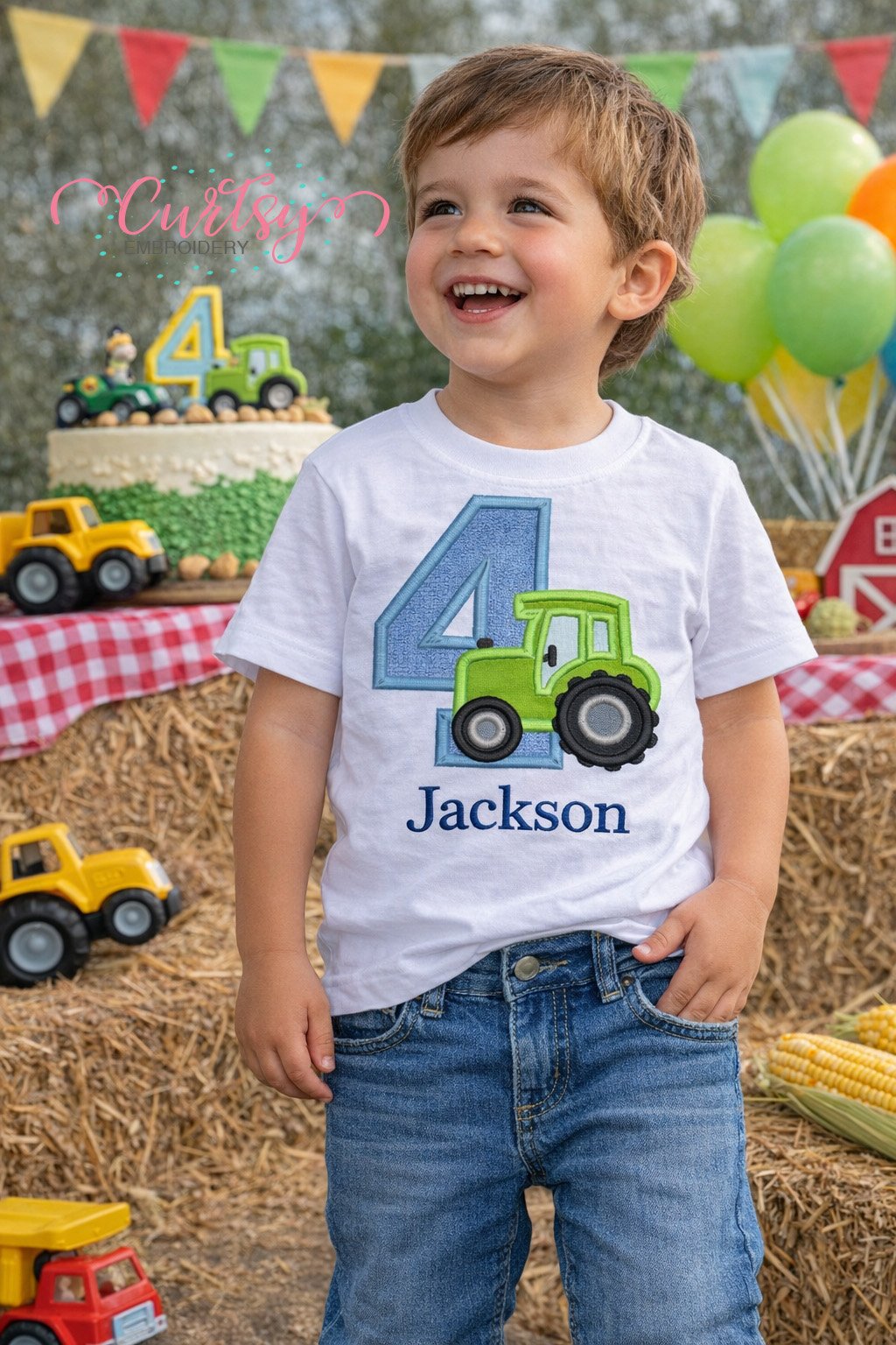 4th Birthday Tractor Applique Embroidery Design Logo 1