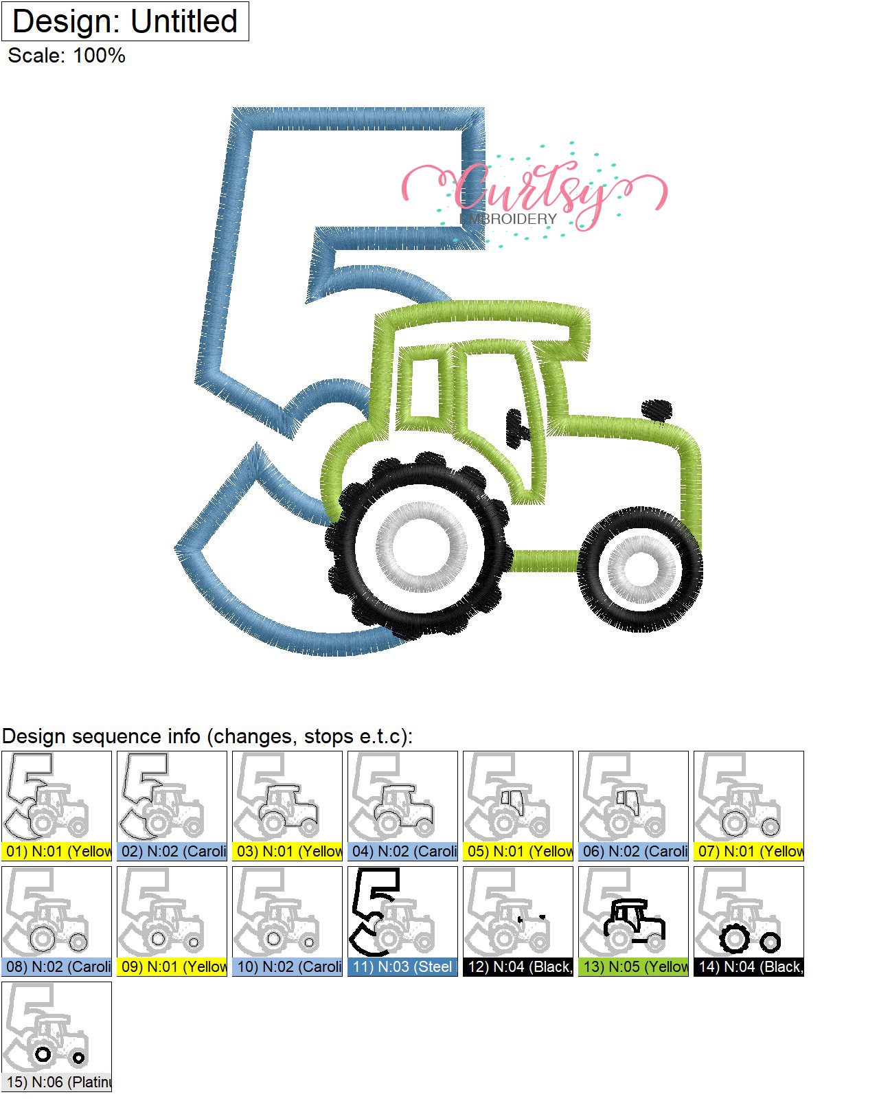 5 Tractor Applique Stitch Map