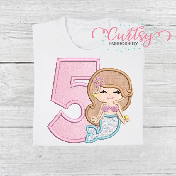 5th Birthday Mermaid Applique Embroidery Design 600