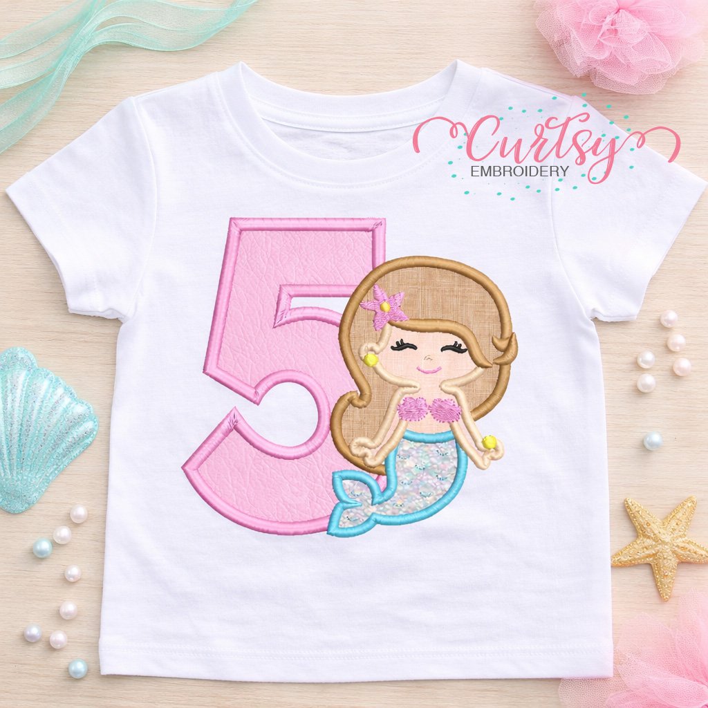 5th Birthday Mermaid Embroidery Applique Design Logo 1