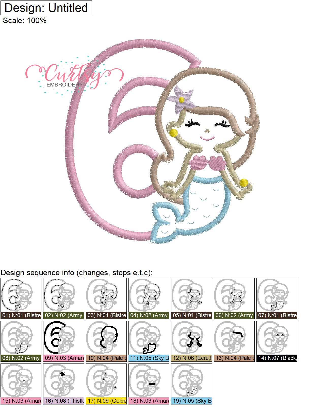 6 Mermaid Applique Stitch Map