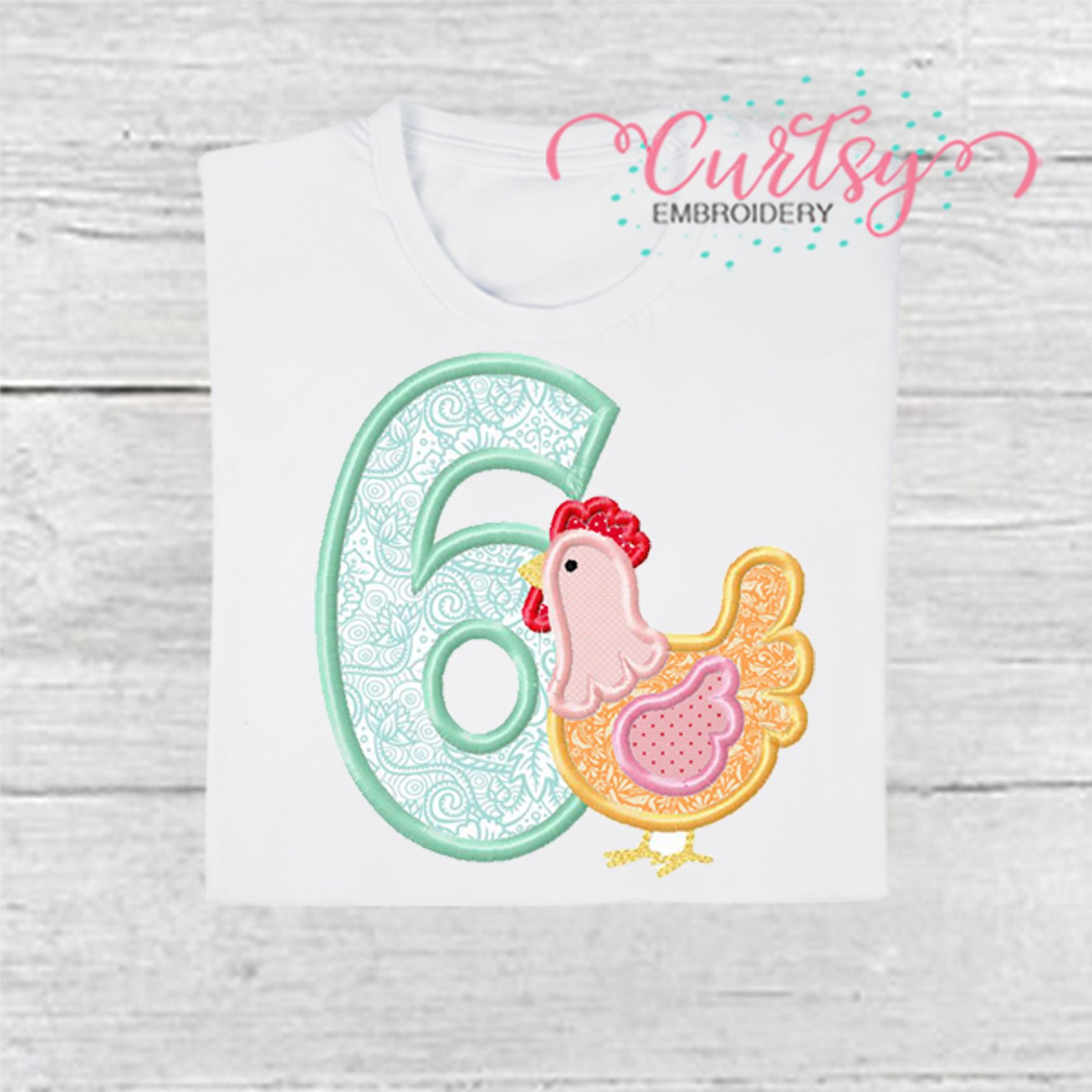 6th Birthday Chicken Applique Picture 2000