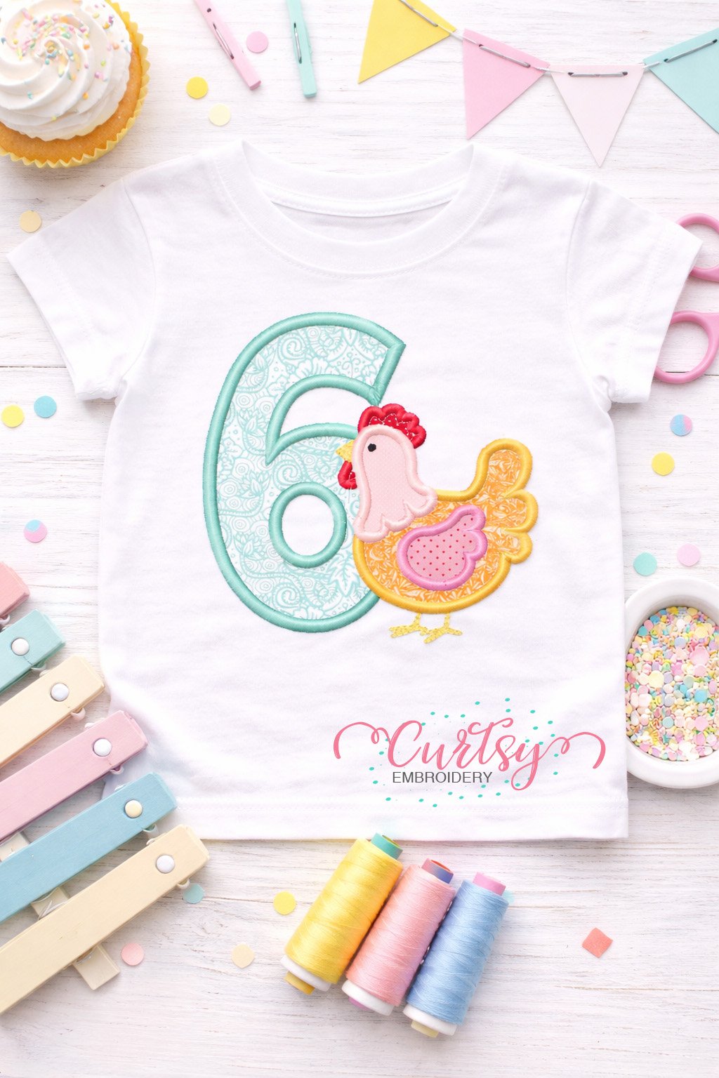 6th Birthday Chicken Applique Picture Logo 1