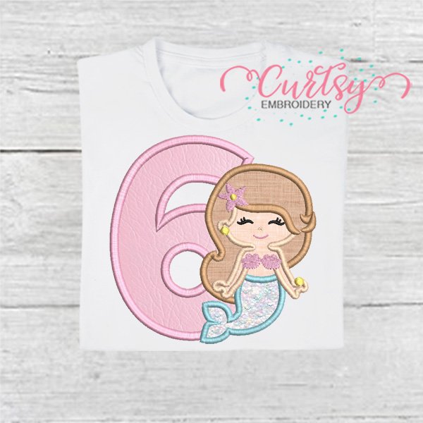 6th Birthday Mermaid Applique Embroidery Design