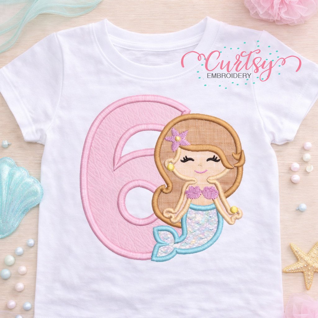 6th Birthday Mermaid Embroidery Applique Design Logo 1