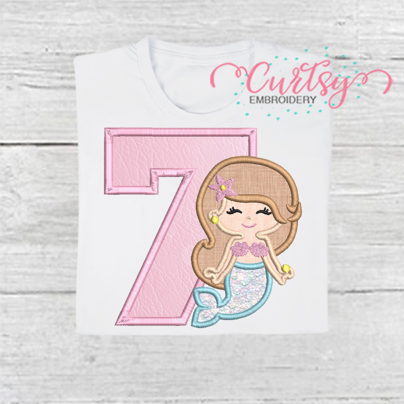 7th Birthday Mermaid Applique Embroidery Design 2000