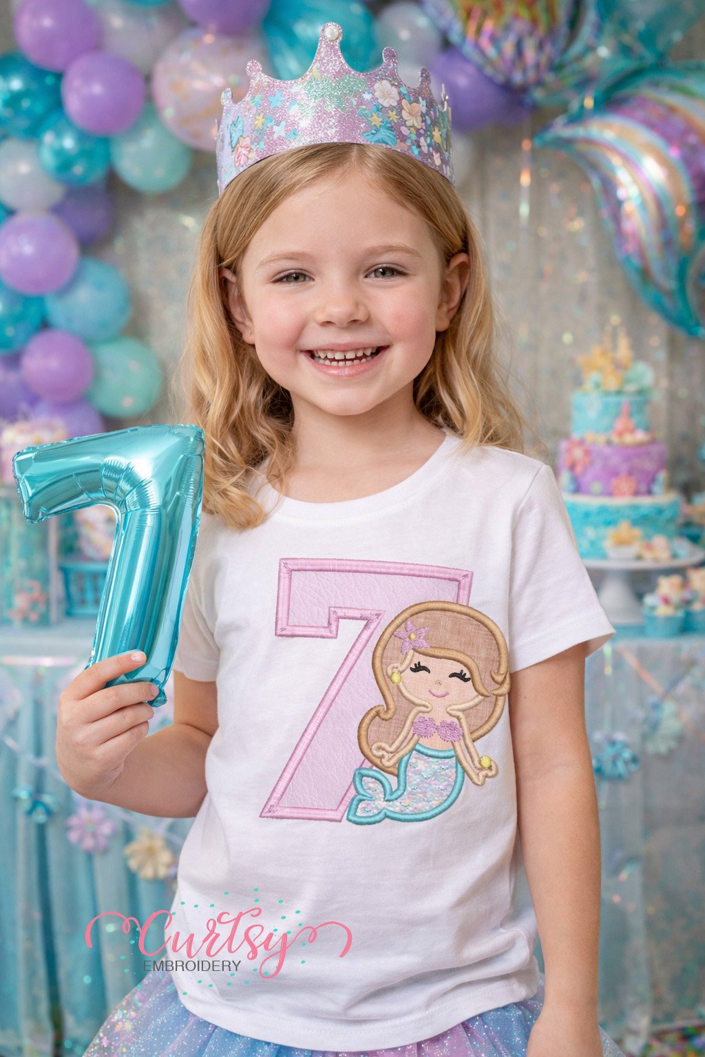 7th Birthday Mermaid Applique Embroidery Design Lgo 1