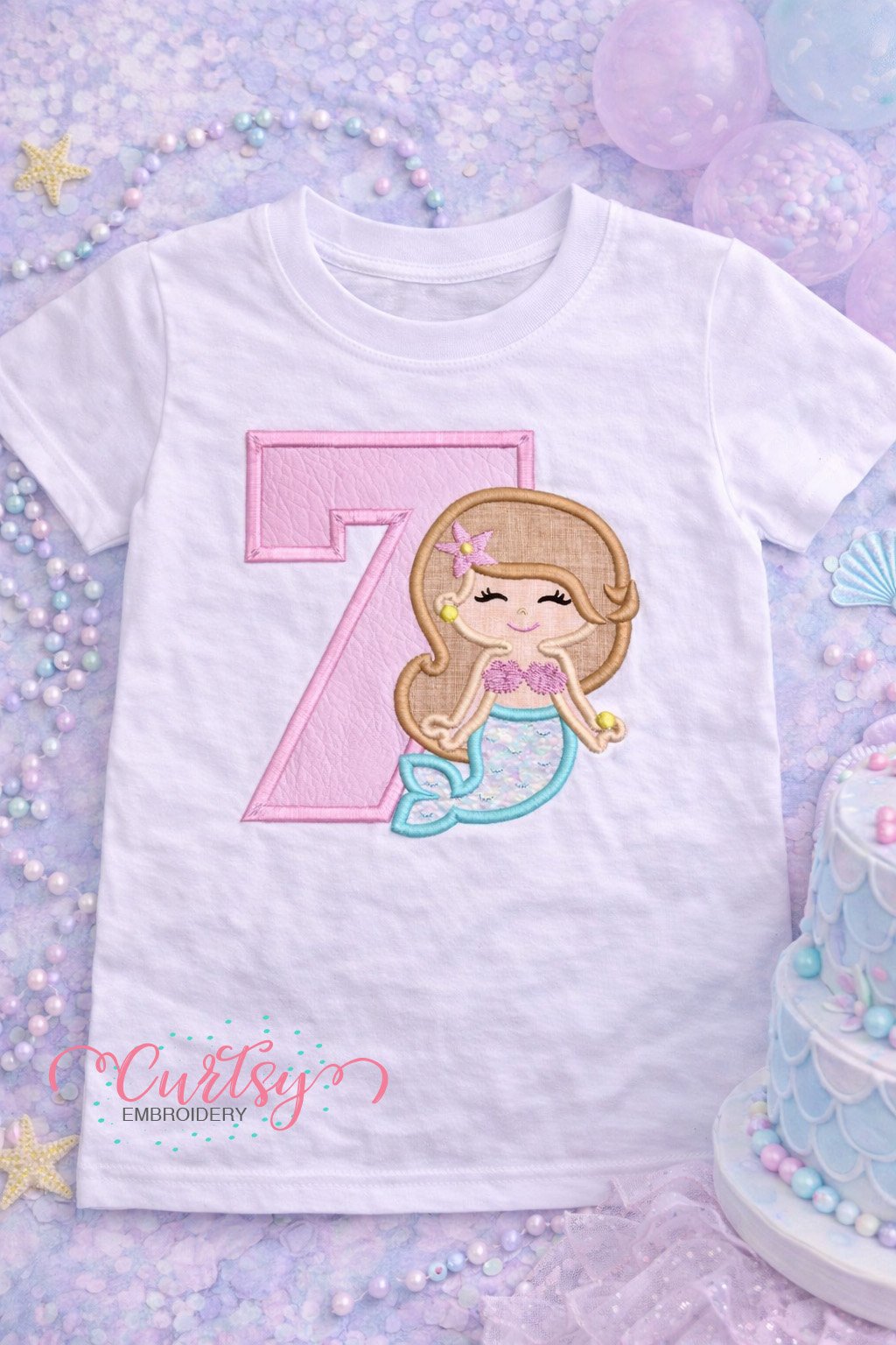 7th Birthday Mermaid Applique Embroidery Design Lgo 2