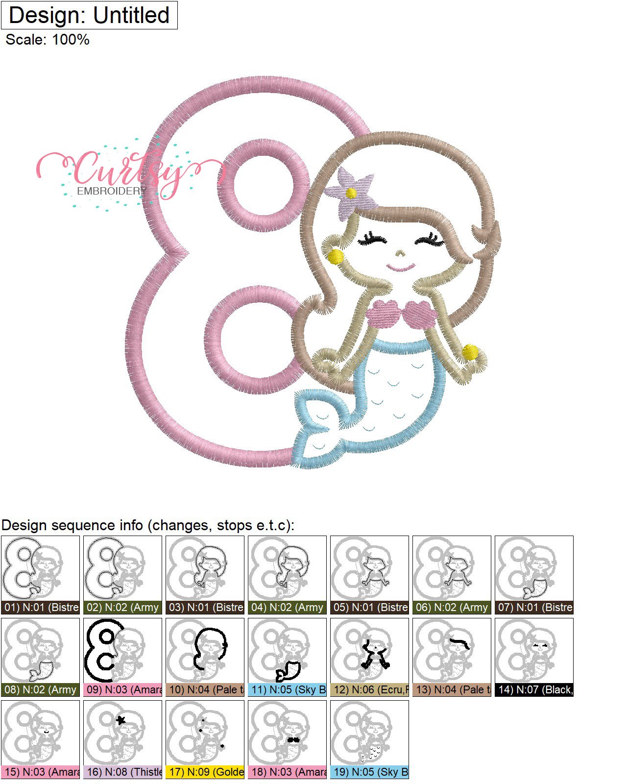 8 Mermaid Applique Stitch Map