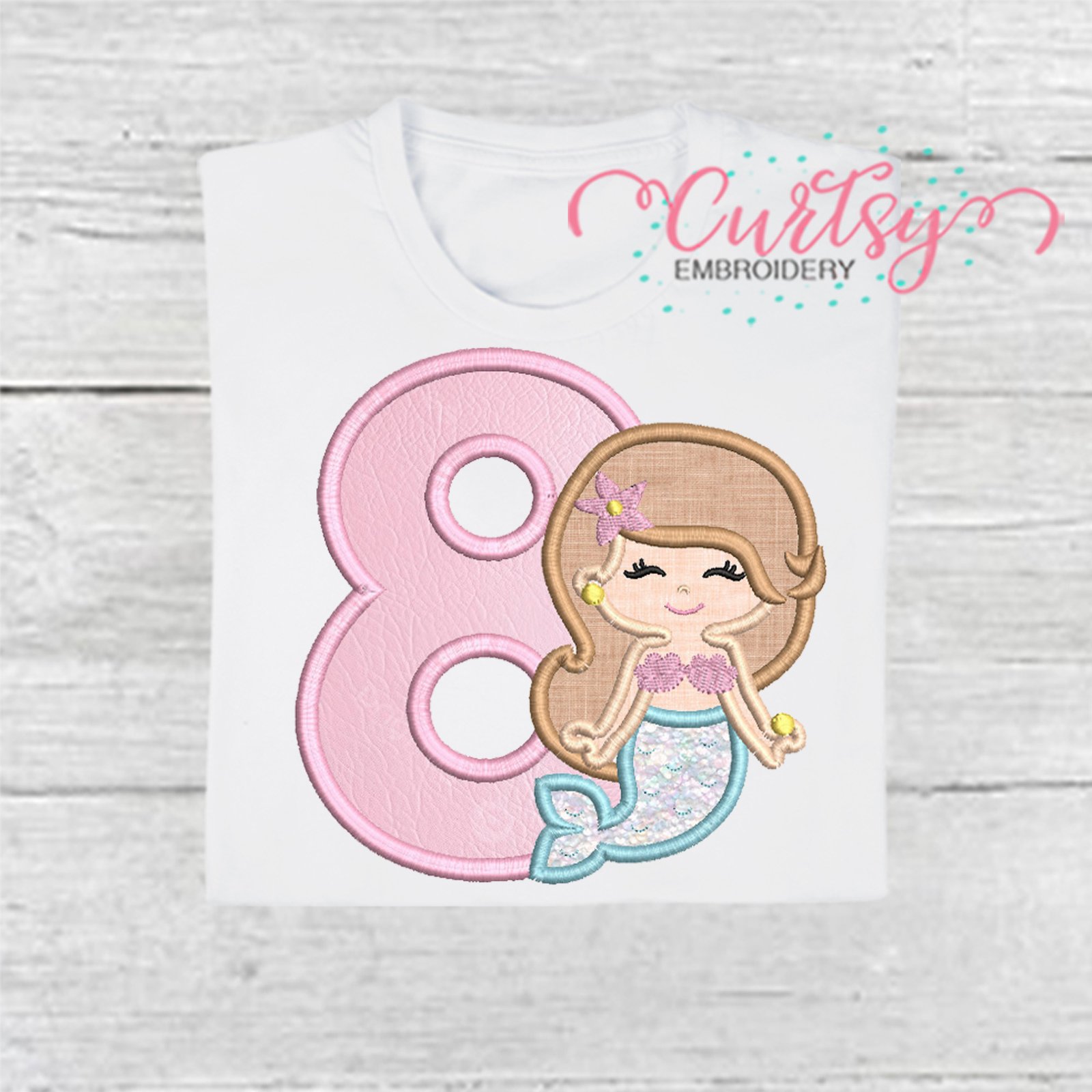 8th Birthday Mermaid Applique Embroidery Design 2000