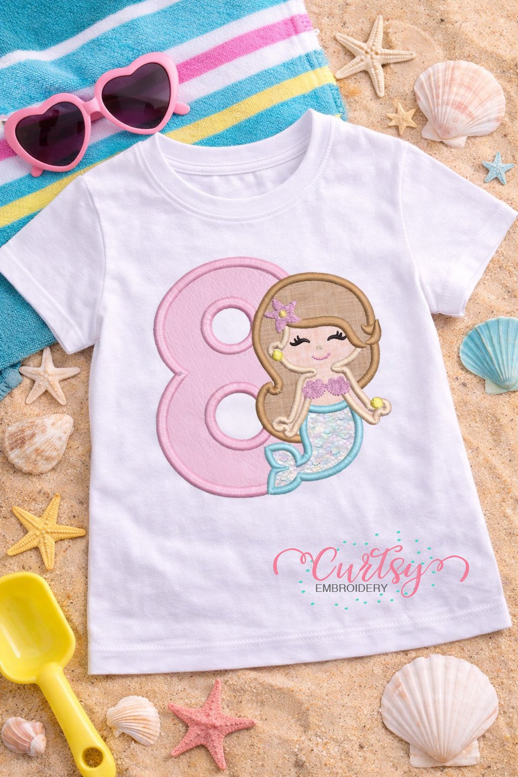 8th Birthday Mermaid Applique Embroidery Design Logo 1