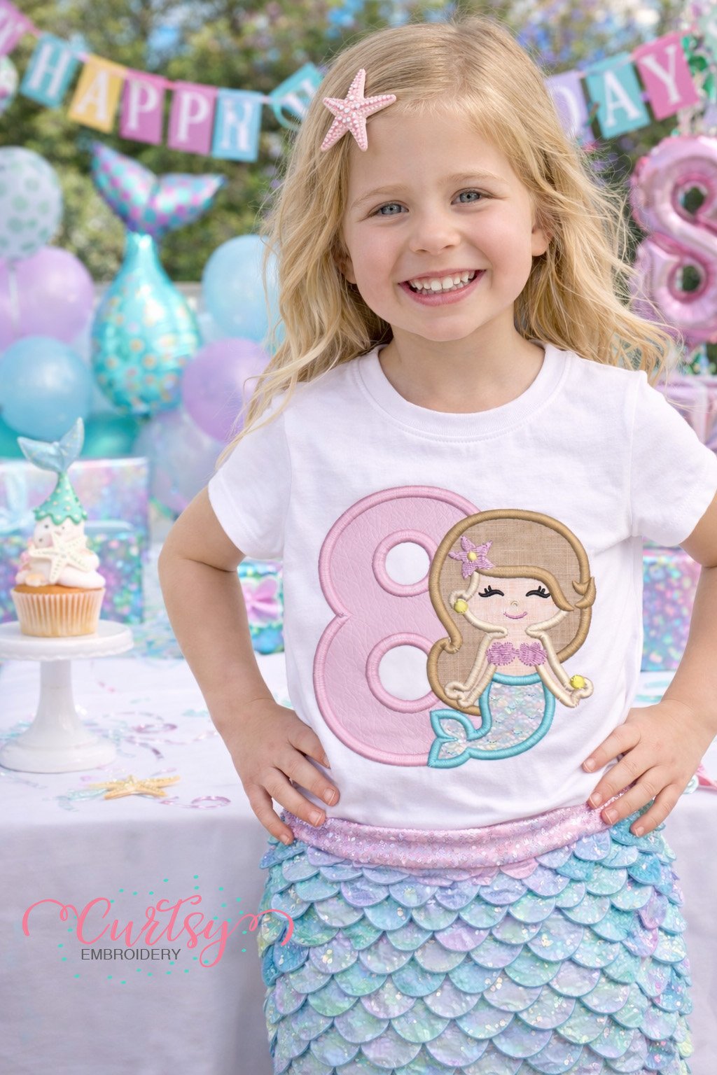 8th Birthday Mermaid Applique Embroidery Design Logo 2