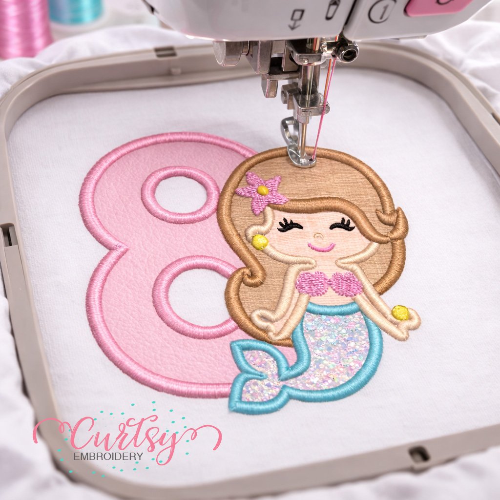8th Birthday Mermaid Applique Embroidery Design Logo 3
