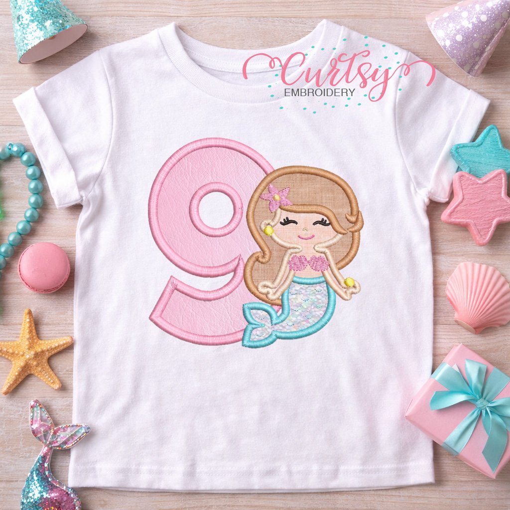 9th Birthday Mermaid Applique Embrdoidery Design Logo 1