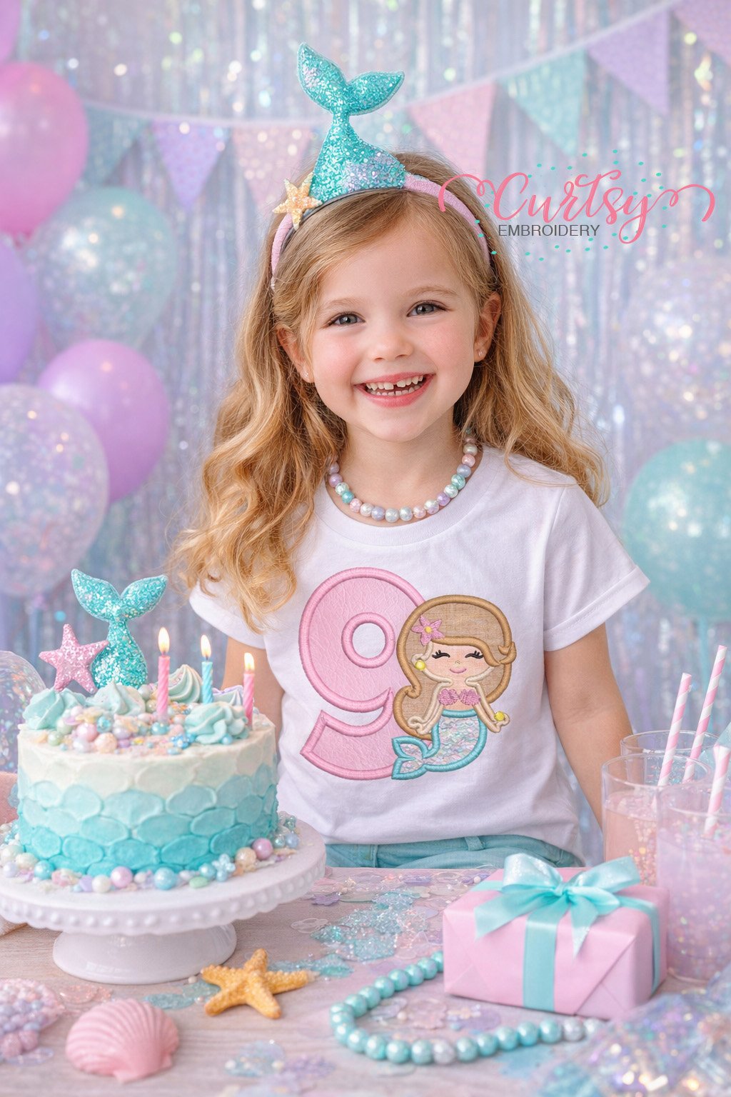 9th Birthday Mermaid Applique Embrdoidery Design Logo 2