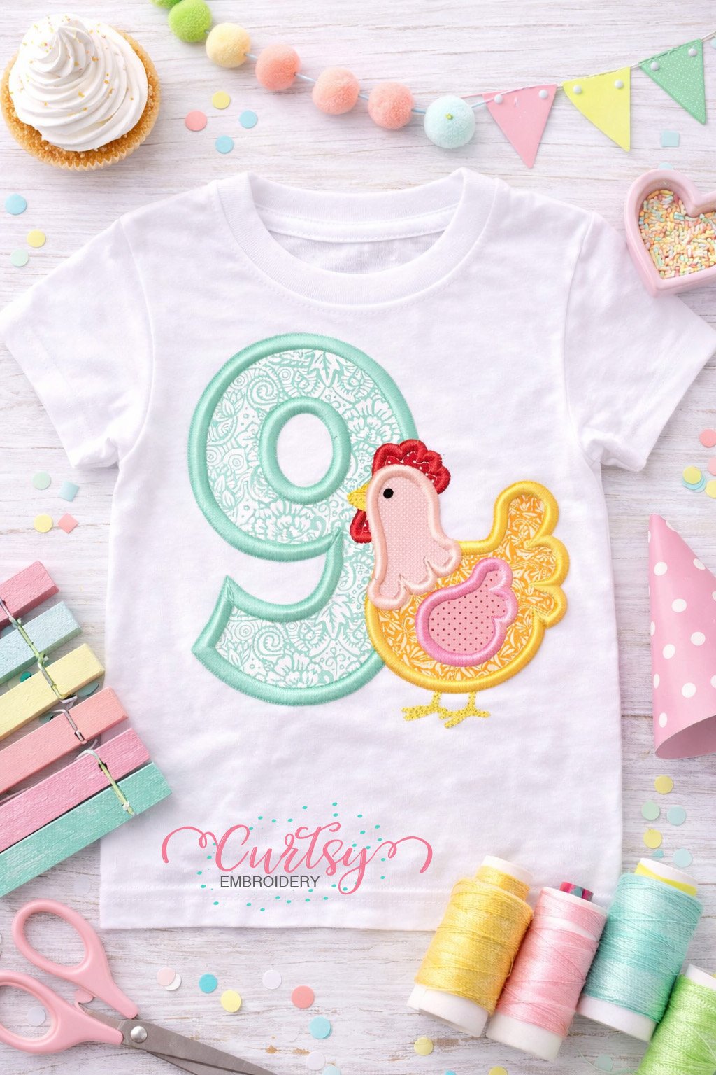 Ninth Birthday Chicken Applique Embroidery Design Logo 1 Ninth Birthday Chicken Applique Embroidery Design Logo 1