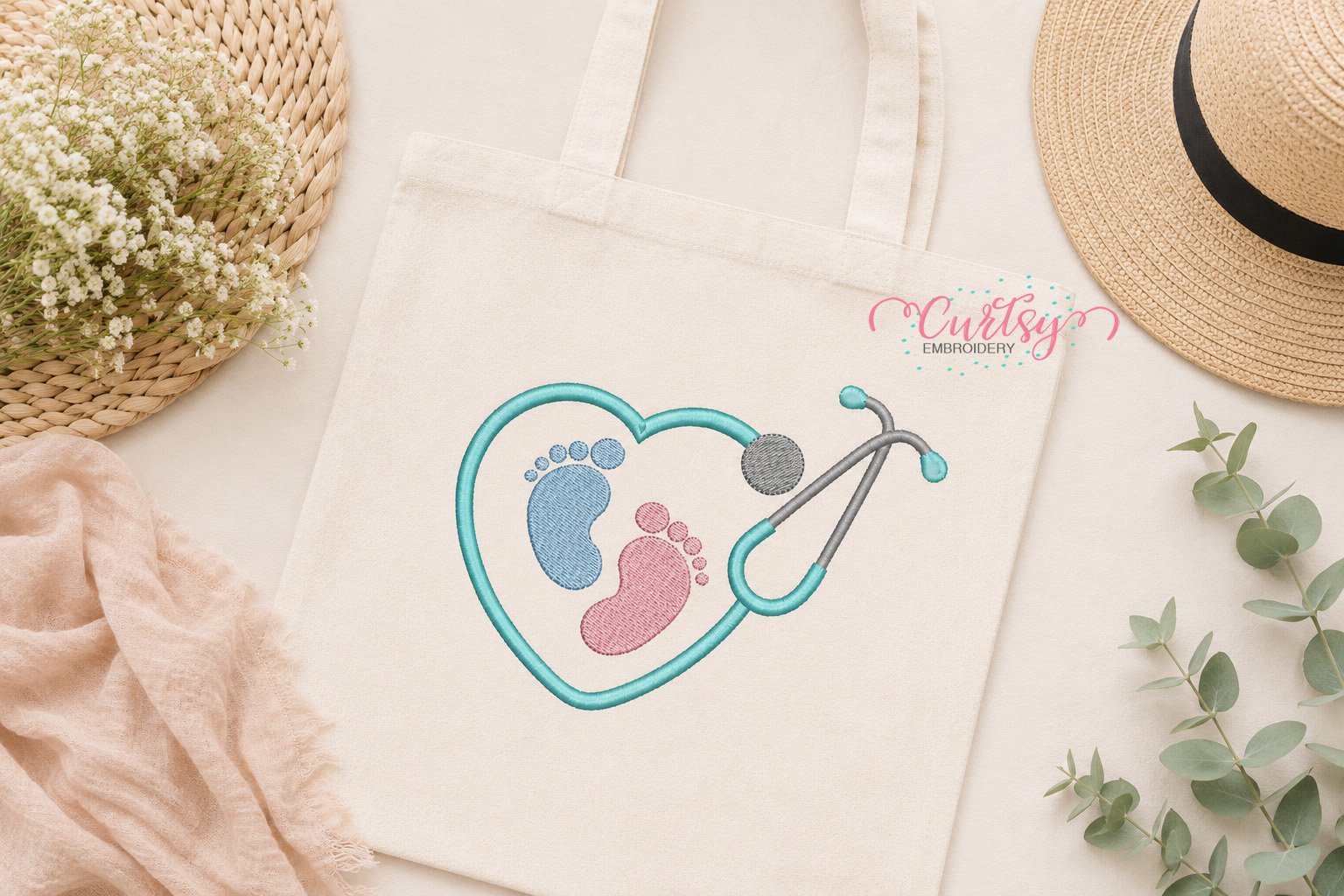 Heart Stethoscope Baby Feet Embroidery Design _ Logo 1