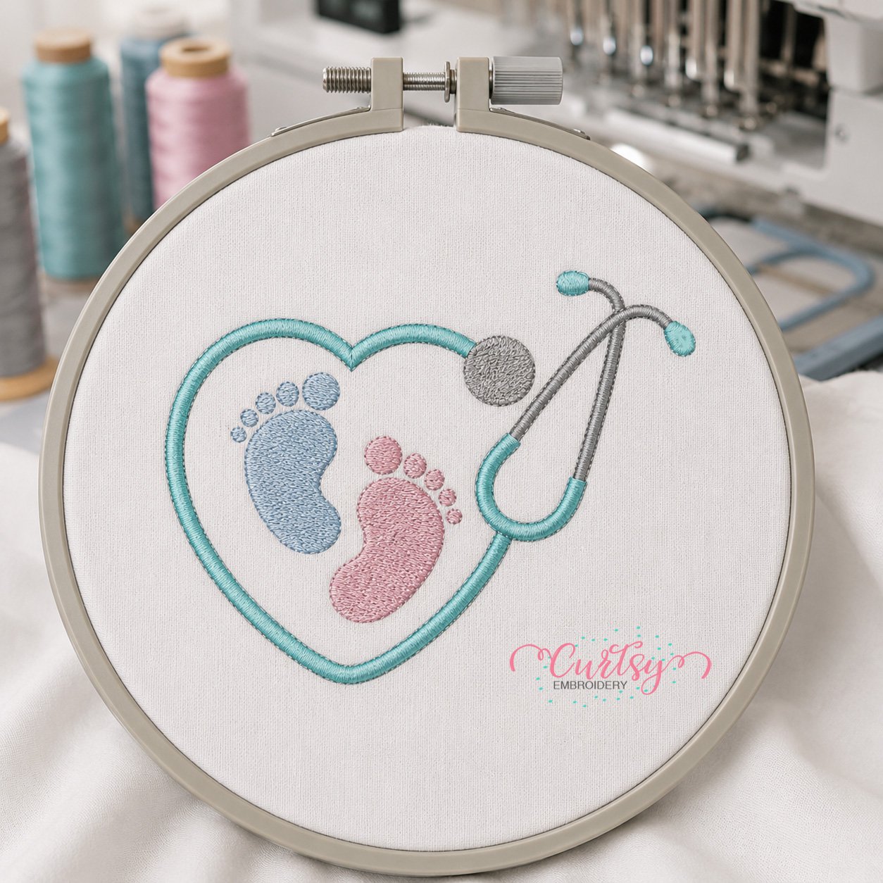 Heart Stethoscope Baby Feet Embroidery Design _ Logo 3