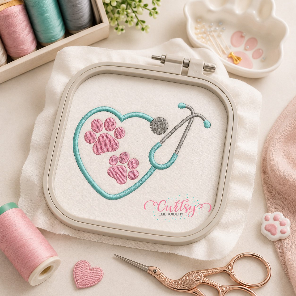Heart Stethoscope Paws Embroidery Design _ Logo 3