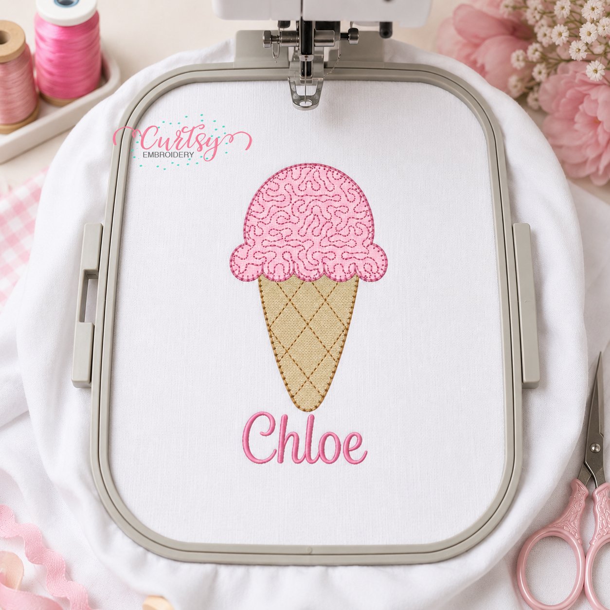 Quilted Ice Cream Cone Applique Design _ Logo 3