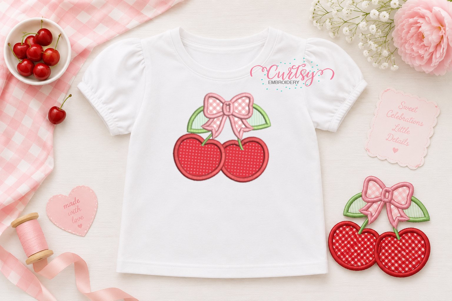 Cherries with Bow Applique Design _ Logo 1