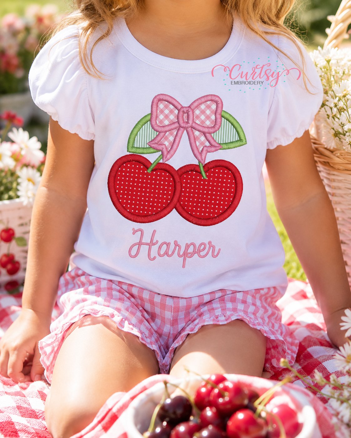 Cherries with Bow Applique Design _ Logo 3