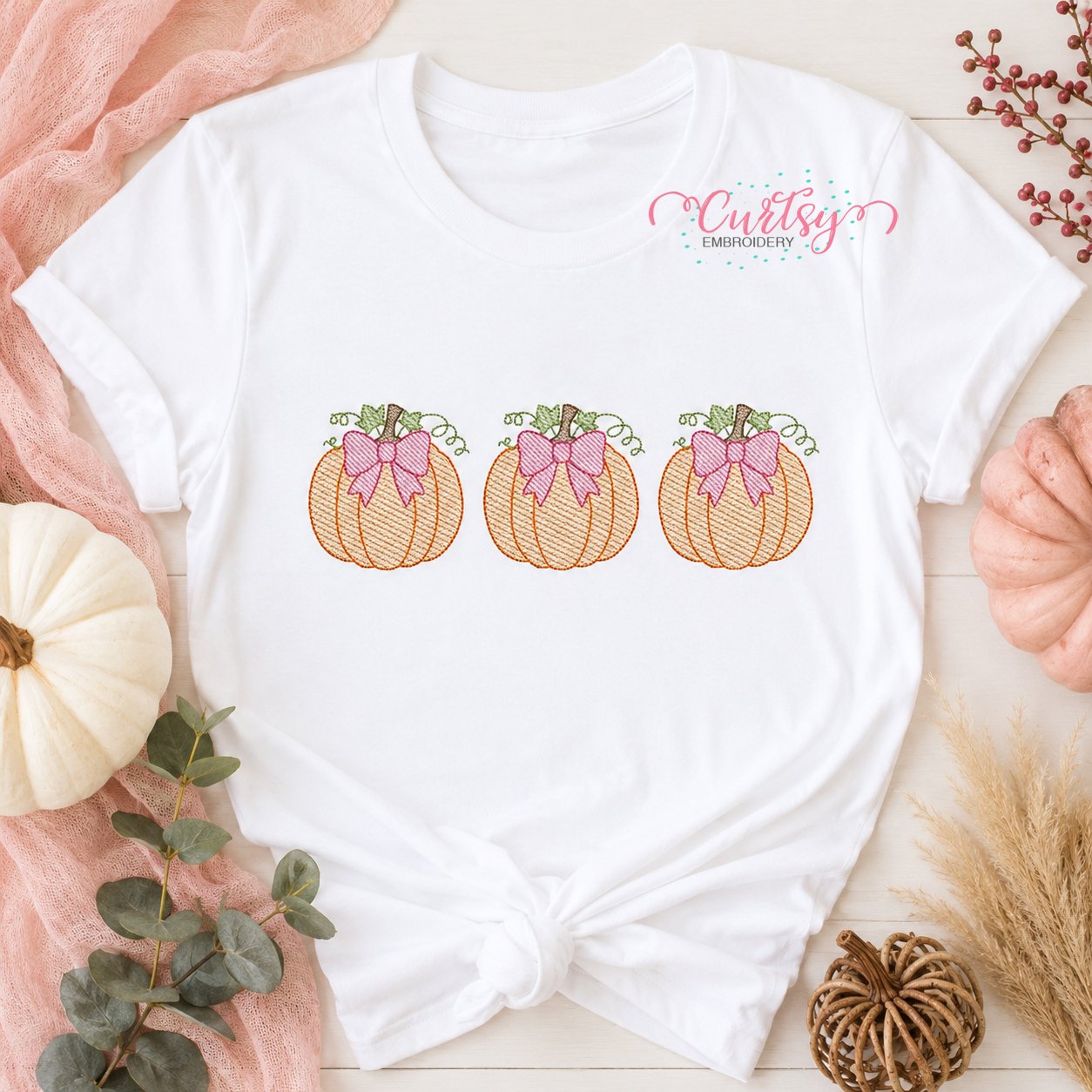 Sketch Fill Pumpkin with Bow Trio Embroidery Design _ Logo 1