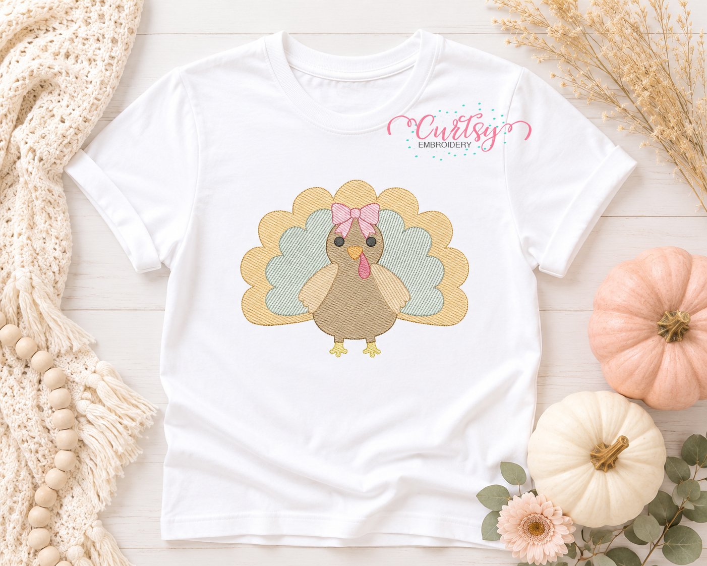 Turkey with Bow Sketch Fill Embroidery Design _ Logo 1