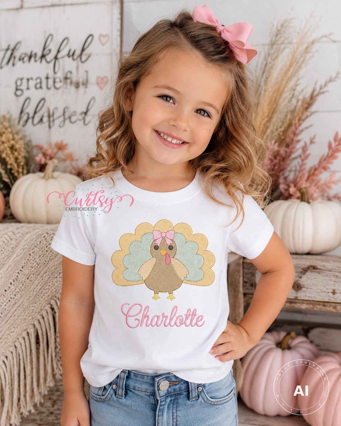 Turkey with Bow Sketch Fill Embroidery Design _ Logo 2