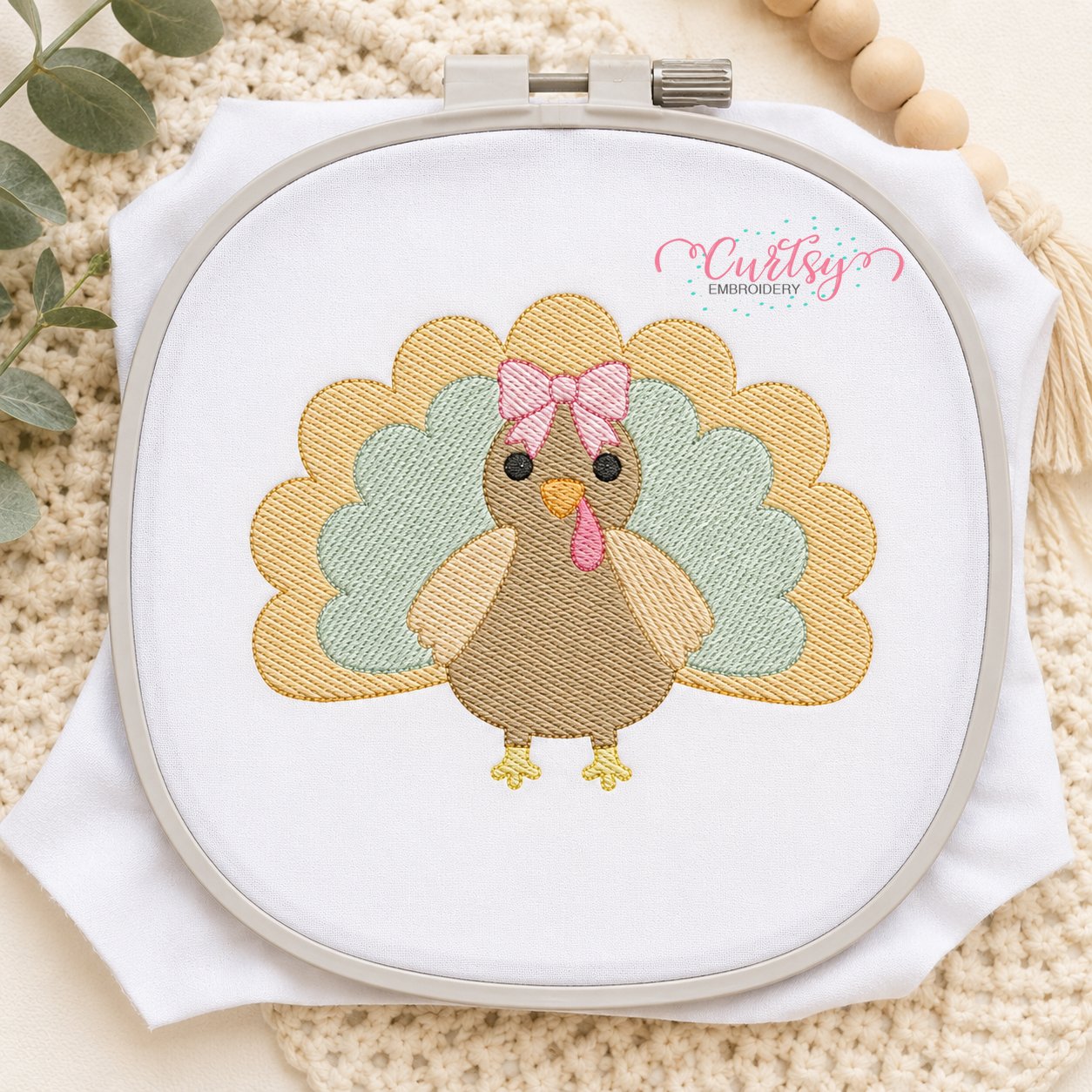 Turkey with Bow Sketch Fill Embroidery Design _ Logo 3